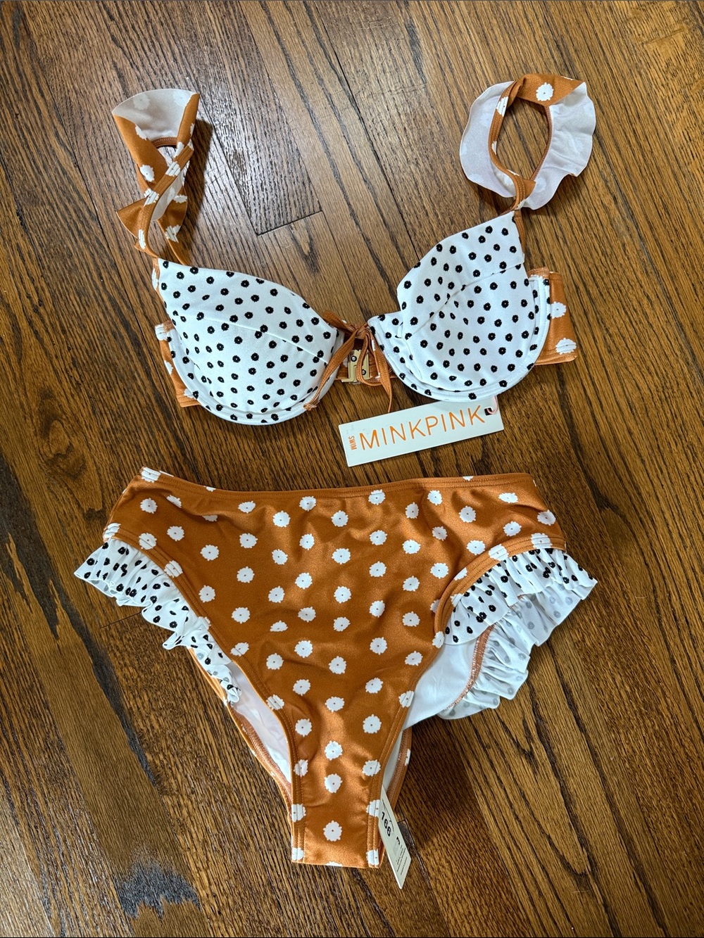 B42 MINKPINK Women’s Medium Rust and White Polka Dot Ruffle Bikini Set